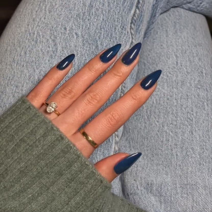 Picture of KQueenest Deep Blue Press on Nails Short Almond,Glossy Press on Acrylic Nails Set,Solid Color Medium Fake Nails Set for Women Nails Art Manicure in 24 PCS