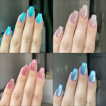 Picture of 4 Packs (96 Pcs) Press on Nails Square, Medium Square Press on Nails, Ombre Press on Nails, Mix Color Fake Nails, Glitter Glue on Nails Gel False Nails for Women, Stick on Nails Kit 12 Sizes-4 Styles