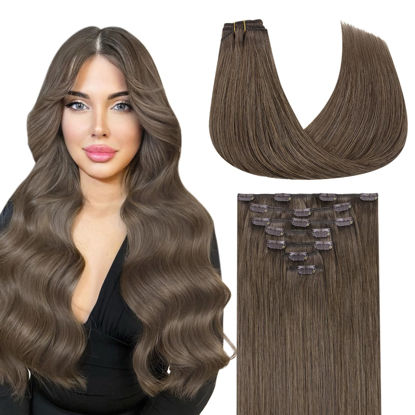 Picture of DOORES Clip in Hair Extensions Real Human Hair Extensions, Dirty Light Ash Brown 120g 7pcs 20 Inch, Clip in Hair Extensions Remy Hair Extensions Straight Thick