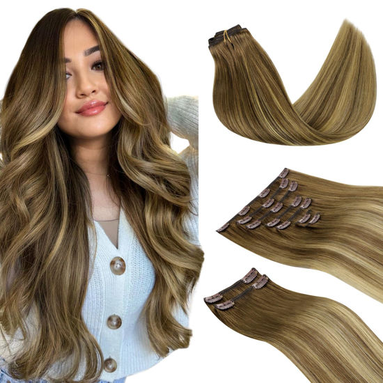 Picture of DOORES Hair Extensions Clip in Human Hair, Medium Brown Highlighted Dirty Blonde 150g 9pcs 20 Inch, Clip in Human Hair Extensions Real Straight Hair Extensions Clip in Remy Extensions