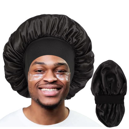 Picture of Bonnet for Men,Hair Bonnet for Sleeping,Double Layer Satin Bonnets for Black Women Curly Hair Braids,Reversible Sleep Cap (Large,Black/Black)