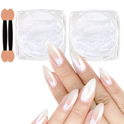 Picture of Allstarry White Pearl Chrome Nail Powder, 2pcs Iridescent Aurora Powder Metallic Mirror Effect Glitter Powder Pearlescent Ice Transparent Mermaid Pigment Dust for Gel Polish Nail Art Decoration