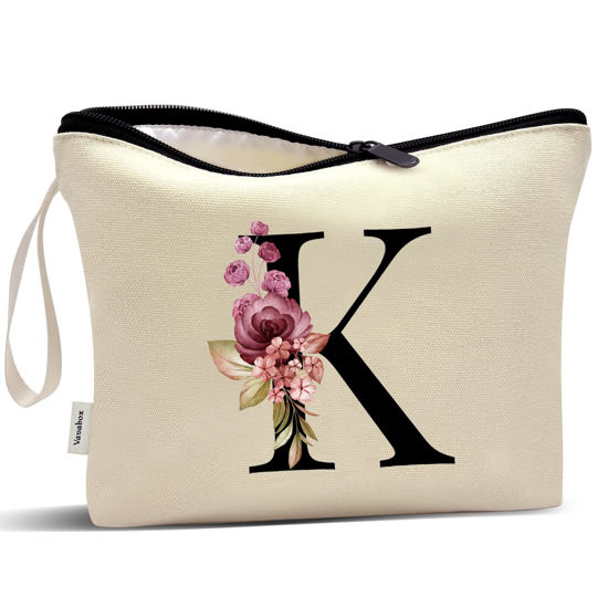 Picture of Vavabox A-Z Personalized Makeup Bag,Birthday Gifts for Women Mom,Gifts for Best Friend,Bride Bridesmaid Cosmetic bag (K, Yellow)