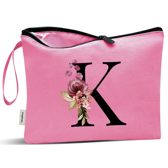 Picture of Vavabox A-Z Personalized Makeup Bag,Birthday Gifts for Women Mom,Gifts for Best Friend,Bride Bridesmaid Cosmetic bag (K, Peach)