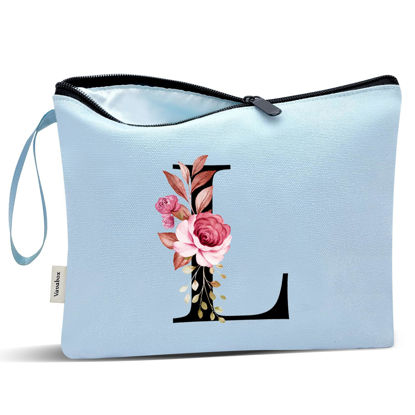 Picture of Vavabox A-Z Personalized Makeup Bag,Birthday Gifts for Women Mom,Gifts for Best Friend,Bride Bridesmaid Cosmetic bag (L, Blue)