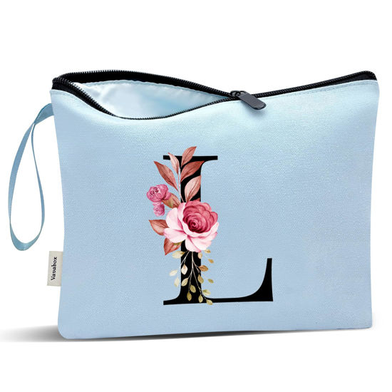 Picture of Vavabox A-Z Personalized Makeup Bag,Birthday Gifts for Women Mom,Gifts for Best Friend,Bride Bridesmaid Cosmetic bag (L, Blue)