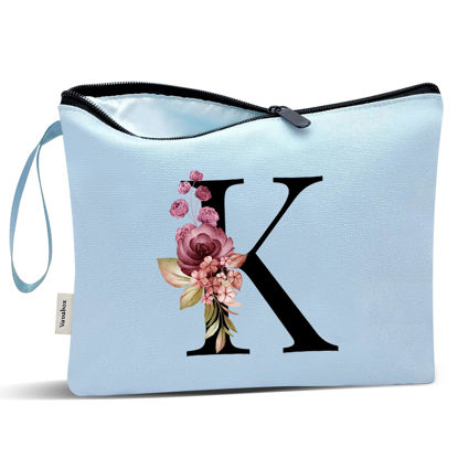 Picture of Vavabox A-Z Personalized Makeup Bag,Birthday Gifts for Women Mom,Gifts for Best Friend,Bride Bridesmaid Cosmetic bag (K, Blue)