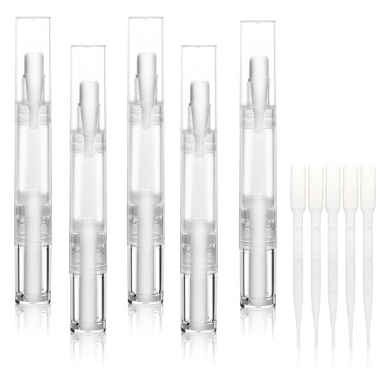 Picture of UPZIGS 5 pack 5ml Transparent Twist Pen for Cuticle Oil Applicator, Empty Nail Oil Pen with Brush Tip, Eyelash Growth Liquid Tube, Cosmetic Lip Gloss Container (5x)