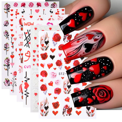Picture of Valentine's Day 3D Nail Art Stickers - Vintage Rose Nail Decals Red Rose Love Heart Purple Flower Nail Stickers Valentine's Nail Designs DIY Adhesive Decals Manicure Decorations Nail Supplies 6Sheets
