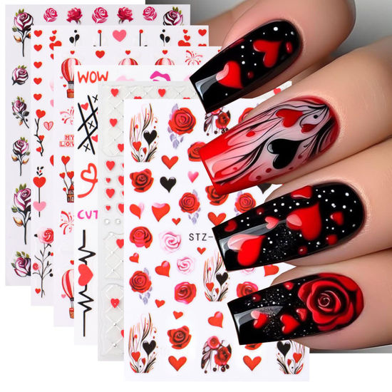 Picture of Valentine's Day 3D Nail Art Stickers - Vintage Rose Nail Decals Red Rose Love Heart Purple Flower Nail Stickers Valentine's Nail Designs DIY Adhesive Decals Manicure Decorations Nail Supplies 6Sheets