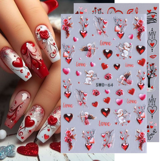 Picture of Valentine's Day Nail Stickers Red Rose Love Heart Tree Lips Geometric Line Letter Pattern Design Valentine Nail Art Sticker DIY Adhesive Slider Decals Manicure Decoration Hearts Nail Supplies 2Sheets