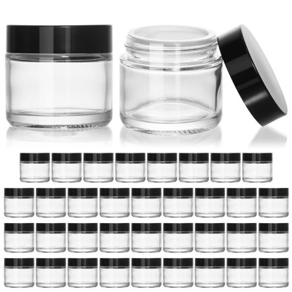 Picture of KEYWING 2oz Small Glass Jars with Black Lids, 35 Pack Clear Round Glass Cosmetic Jars with Inner Liners for Lotions, Powders and Ointments