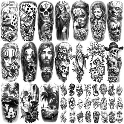 Picture of Yazhiji Waterproof Temporary Tattoos For Adult, Chicano Large Fake Tattoo Guadalupe Gangster Prisoner Day of the Dead, Lowrider Style Culture Mexico Clown 77 sheets Tattoo Stickers for Men Women