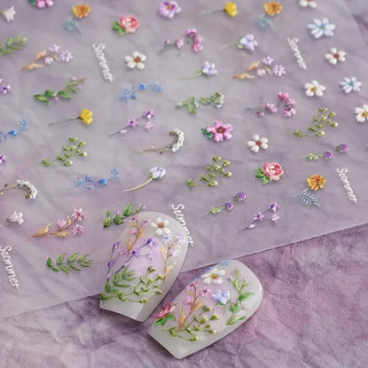 Picture of 5D Embossed Flower Nail Stickers for Nail Art - Flower Nail Art Stickers Spring Summer Floral Leaf Plant Nail Decals Self-Adhesive Nail Supplies Manicure Sliders Flower Stickers for Women Girls DIY