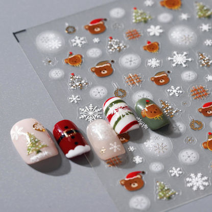 Picture of Christmas Nail Art Stickers 5D Embossed Bear Nail Stickers Self-Adhesive Snowflake Santa Claus Xmas Tree Nail Decals for Women Girls Winter Holiday Manicure DIY Nail Supplies