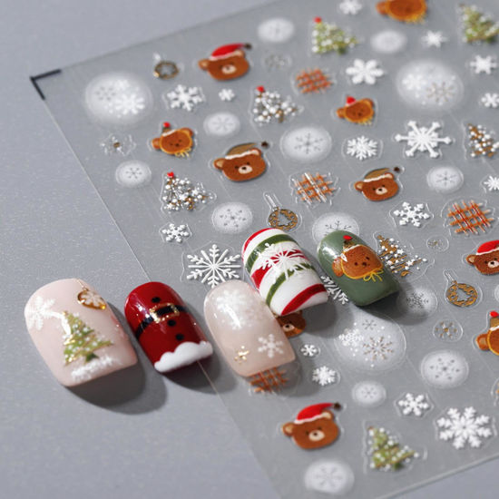 Picture of Christmas Nail Art Stickers 5D Embossed Bear Nail Stickers Self-Adhesive Snowflake Santa Claus Xmas Tree Nail Decals for Women Girls Winter Holiday Manicure DIY Nail Supplies