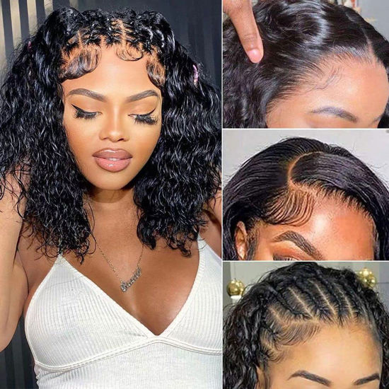 Picture of 13x4 Lace Front Wigs Human Hair Pre Plucked 180% Density Brazilian Wet and Wavy Human Hair Wigs for Black Women Glueless Curly Lace Frontal Wigs Human Hair Natural Color (10 Inch)