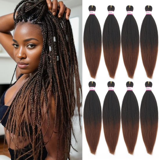 Picture of Pre-Stretched Braiding Hair Extensions-16 Inch 8 Packs Synthetic Braiding Hair Crochet Braids, Natural Easy Braid Crochet Hair, Hot Water Setting Professional Soft Yaki Straight Texture (#1B/30)