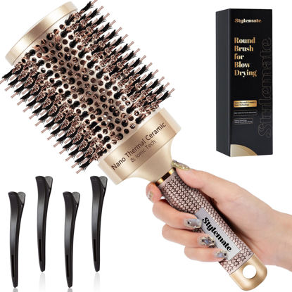 Picture of Round Brush for Blow Out, Nano Thermal Ceramic & Ionic Tech Round Barrel Hair Brush with Boar Bristles, Roller Brush for Blow Drying and Styling, 4 Free Clips (4 inch, Barrel 2.7 Inch, 65mm)