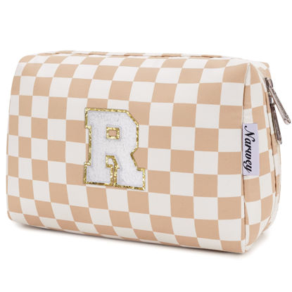 Picture of Narwey Personalized Initial Makeup Bag Toiletry Bag Gifts for Women Girls Large Checkered Makeup Bag Zipper Pouch Travel Cosmetic Bag Organizer for Women (Light Checkerboard Letter R)