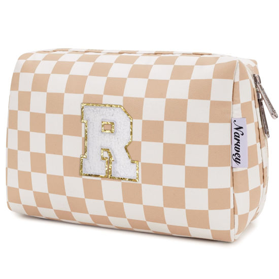 Picture of Narwey Personalized Initial Makeup Bag Toiletry Bag Gifts for Women Girls Large Checkered Makeup Bag Zipper Pouch Travel Cosmetic Bag Organizer for Women (Light Checkerboard Letter R)