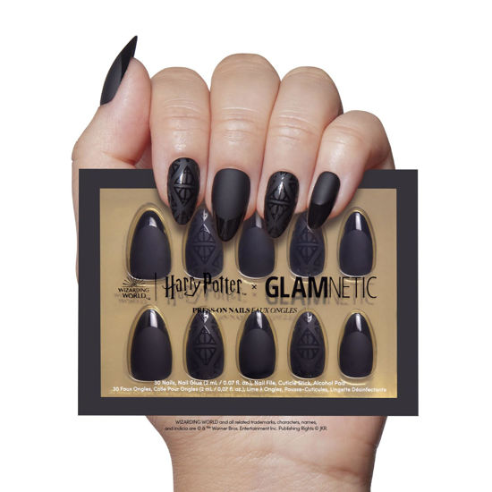 Picture of Harry Potter™ x Glamnetic Press On Nails - Deathly Hallows™ | Black Harry Potter™ Graphic Short Almond False Nails, Reusable Stick On Fake Nails with Glue | Salon Quality | 15 Sizes - 30 Nail Kit