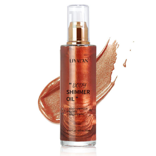 Picture of Liyalan Shimmer Body Oil Golden Brown 5 Color Bronze Face Glow Pearl Highlighter Illuminator Body Makeup Shine Glitter Gold Liquid Taning 3.38 Fl Oz
