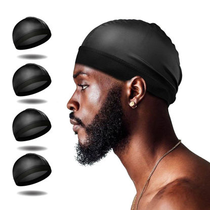Picture of Selalu 4Pcs Wave Cap, Silk Stocking Wave Caps for 360 Waves, Silky Durag for Men, Stain Caps (4*Black)