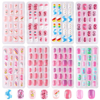 Picture of Jsiallye Press on Nails for Kids, 192PCS Kids Fake Nails for Girls Colorful Unicorn Flamingo Cloud Patterns 7-12 Years Old Press on nails for Kids Gifts