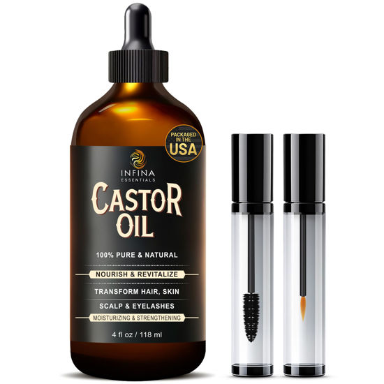 Picture of INFINA ESSENTIALS Pure Cold Pressed Hexane-Free Castor Oil - Glass Bottle for Hair Growth, Face, Scalp, Skin & Eyelashes - Nourishing & Moisturizing - 4 fl oz