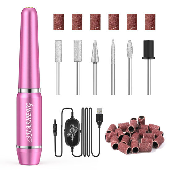 Picture of JIASHENG USB Electric Nail Drill, Nail Drill Portable Electric Nail File for Acrylic Gel Nails, Professional Nail Drill Kit Manicure Pedicure Kit with Nail Drill Bits for Home and Salon Use, Rose Red
