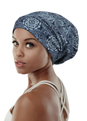 Picture of FocusCare Elastic Slap Headwear for Long Frizzy Hair Sleep Slouchy Beanie Dark Blue