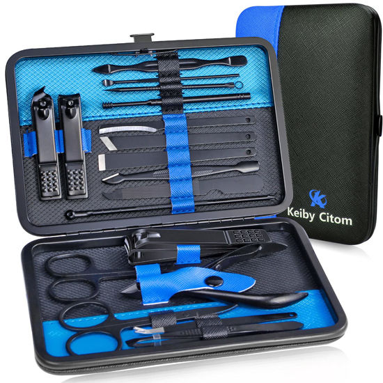 Picture of Keiby Citom Professional Stainless Steel Nail Clipper Travel & Grooming Kit Nail Tools Manicure & Pedicure Set of 18pcs with Luxurious Case (Black/Blue)