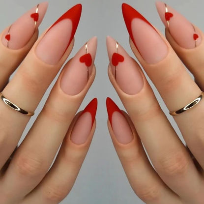 Picture of Red French Tip Press on Nails Almond Medium Fake Nails Heart False Nails with Gold Line Design Glue on Nails Valentine's Day Acrylic Nails Full Cover Stick on Nails for Women Manicure 24Pcs