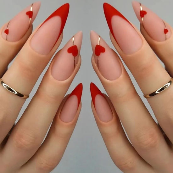 Picture of Red French Tip Press on Nails Almond Medium Fake Nails Heart False Nails with Gold Line Design Glue on Nails Valentine's Day Acrylic Nails Full Cover Stick on Nails for Women Manicure 24Pcs