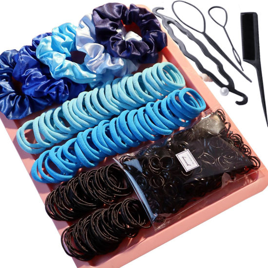 Picture of YANRONG Hair Accessories for Woman Set, 755PCS Seamless Ponytail Holders Variety Hair Scrunchies Hair Bands Scrunchy Hair Ties For Thick and Curly (Treasure Blue, 755 Count)