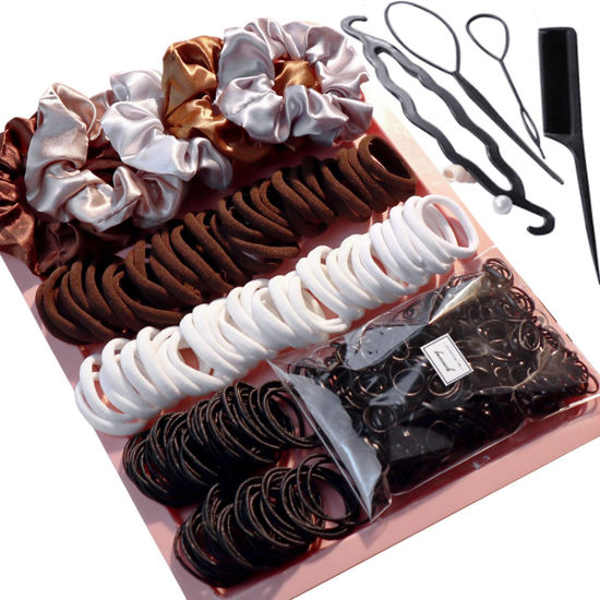 Picture of YANRONG Hair Accessories Set - 755 Seamless Ponytail Holders, Variety of Scrunchies, Bands, and Hair Ties for Thick and Curly Hair (light brown)