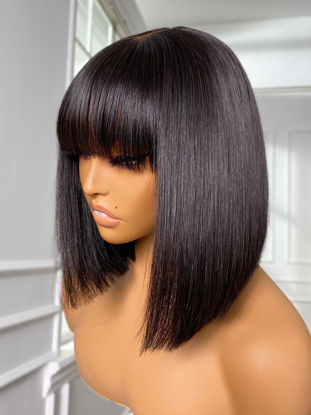 Picture of LUVME HAIR 10 Inch Silky Straight Bob Wig with Bangs Human Hair Realistic HD Lace Short Black Bob Wigs, Ready to Go Blunt Cut Bob Wig Glueless 180 Density
