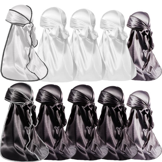 Picture of ForceWave 10 Pieces Silky Durags Long Tail for Women Men Satin Durag 360 Wave, Dorag, 10 Pieces