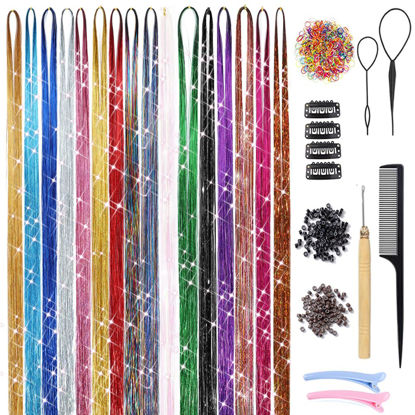 Picture of 16 Colors Hair Tinsel Kit with Tools 3200 Strands Glitter Tinsel Hair Extensions Heat Resistant Sparkling Shiny Fairy Hair Accessories for Women Girl Kids 47Inch