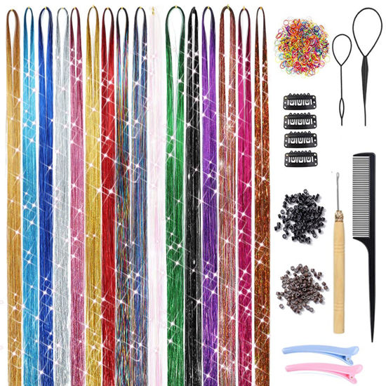 Picture of 16 Colors Hair Tinsel Kit with Tools 3200 Strands Glitter Tinsel Hair Extensions Heat Resistant Sparkling Shiny Fairy Hair Accessories for Women Girl Kids 47Inch