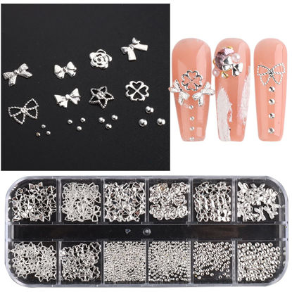 Picture of 3D Metal Nail Charms Silver Gold Nail Studs Ribbons Flowers Shaped Metal Rivets Charms Y2K Nail Art Jewels Mixed Rhinestones Caviar Beads 3D Decoration Nail Stylist Supplies