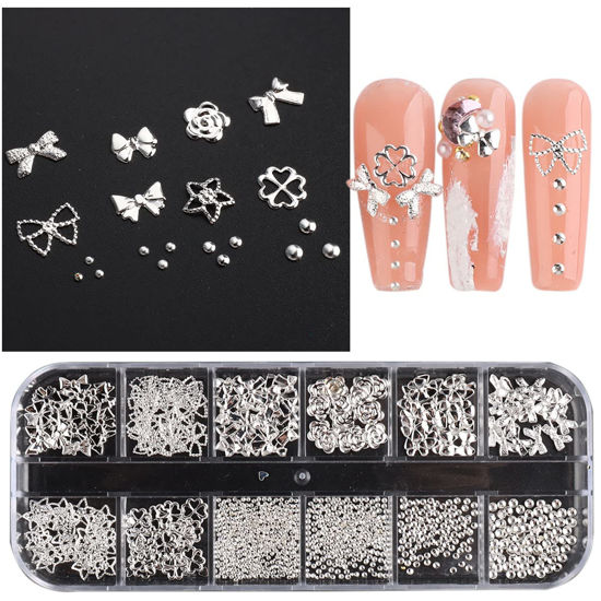 Picture of 3D Metal Nail Charms Silver Gold Nail Studs Ribbons Flowers Shaped Metal Rivets Charms Y2K Nail Art Jewels Mixed Rhinestones Caviar Beads 3D Decoration Nail Stylist Supplies