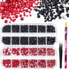 Picture of 3440PCS 6 Sizes Black and Red Glass Crystal Kit with Pickup Pen + Tweezer Tools for Iridescent Shine Nail Art Manicure Makeup DIY Deco Flatback Round Bead Rhinestone Gem Jewelry Diamond