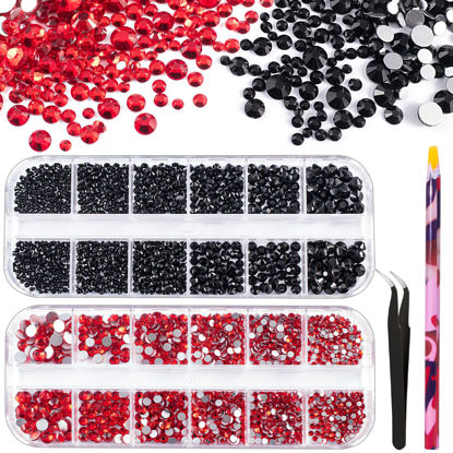 Picture of 3440PCS 6 Sizes Black and Red Glass Crystal Kit with Pickup Pen + Tweezer Tools for Iridescent Shine Nail Art Manicure Makeup DIY Deco Flatback Round Bead Rhinestone Gem Jewelry Diamond