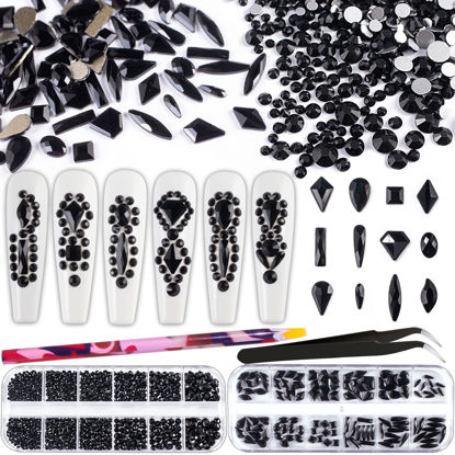 Picture of Multi Shapes Black 3D Glass Crystal Nail Art Rhinestones Kit with Flatback Round Bead Charm Gem Stone Jewelry Diamond with Pickup Pen + Tweezer for Manicure Makeup DIY Craft Decoration