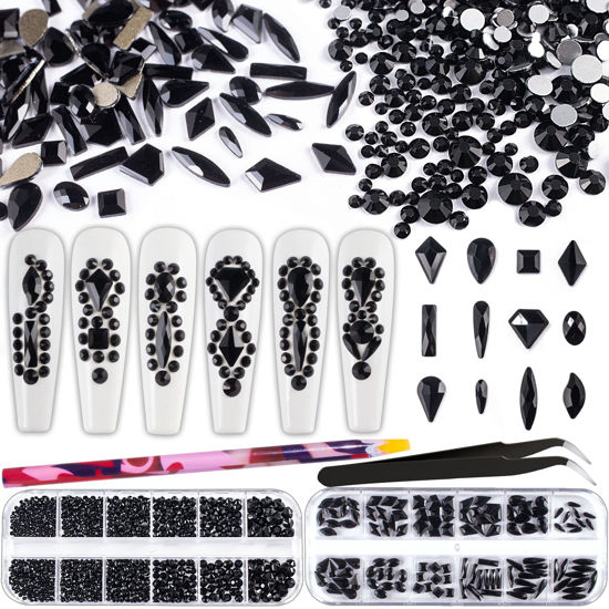 Picture of Multi Shapes Black 3D Glass Crystal Nail Art Rhinestones Kit with Flatback Round Bead Charm Gem Stone Jewelry Diamond with Pickup Pen + Tweezer for Manicure Makeup DIY Craft Decoration
