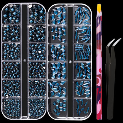Picture of Multi Shapes Black Blue 3D Glass Crystal Nail Art Rhinestones Kit with Flatback Round Bead Charm Gem Stone Jewelry Diamond with Pickup Pen + Tweezer for Manicure Makeup DIY Craft Decoration