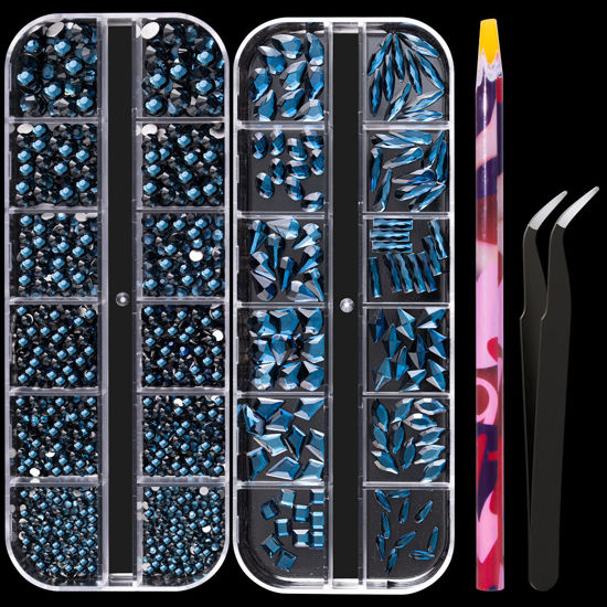 Picture of Multi Shapes Black Blue 3D Glass Crystal Nail Art Rhinestones Kit with Flatback Round Bead Charm Gem Stone Jewelry Diamond with Pickup Pen + Tweezer for Manicure Makeup DIY Craft Decoration