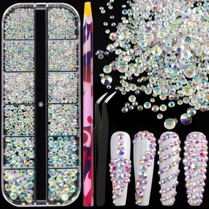 Picture of 6 Sizes Transparent AB Glass Crystal Kit with Pickup Pen + Tweezer Tools for Iridescent Shine Nail Art Manicure Makeup DIY Decoration Flatback Round Rhinestone Gem Jewelry Diamond